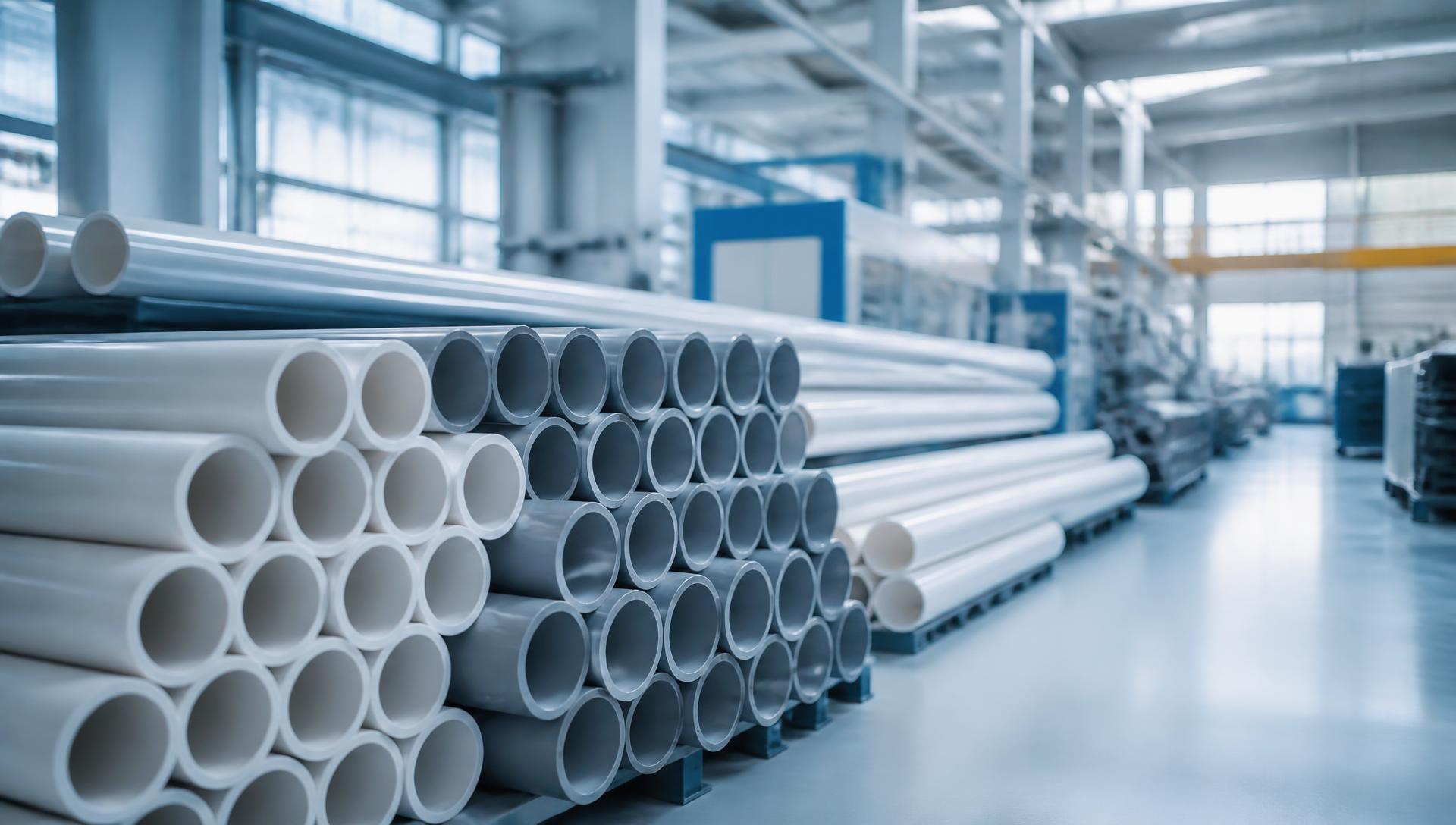 Stacked PVC pipes at an industrial manufacturing facility